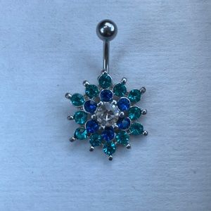 Teal & blue flower belly button ring